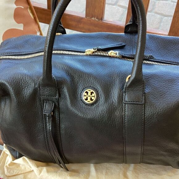 Tory Burch Black Leather Boston Handbag Purse Top Handle W/ Dust Bag - Picture 3 of 15